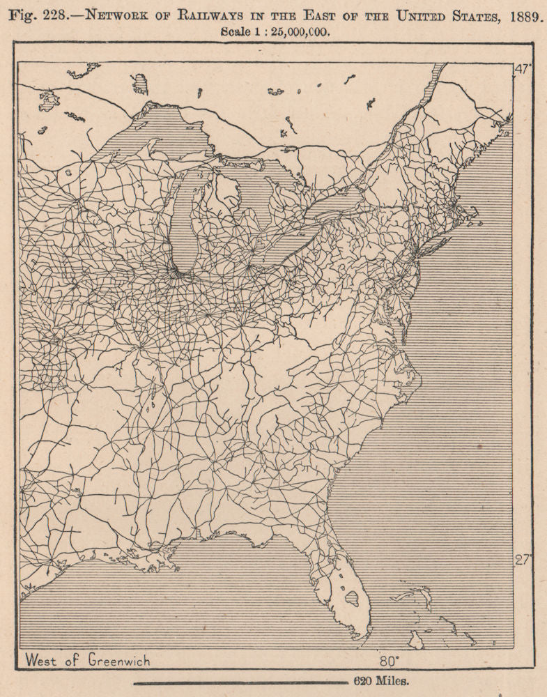 Network of Railways in the East of the United States, 1889. USA 1885 old map